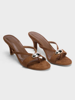 Twenty Dresses by Nykaa Fashion - Brown Chunky Metal Accent Women's Toe Post Stiletto Heels
