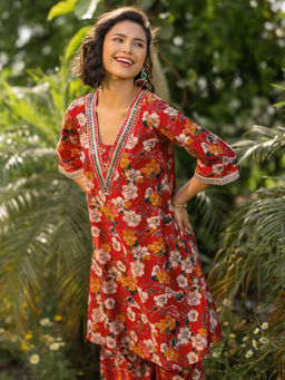 Libas - Red Floral Printed Straight Co-Ord (Set of 2)