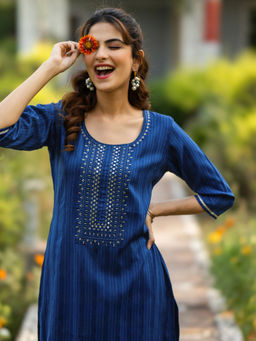 Libas - Navy Blue Woven Embroidered Viscose Rayon Kurta