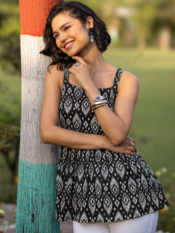 Libas - Black Printed Cotton Anarkali Short Kurtis for Women