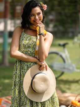 Libas - Olive Printed Cotton Fit and Flare One Piece Dresses for Women