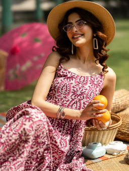 Libas - Mauve Printed Cotton Fit and Flare One Piece Dresses for Women