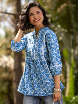 Libas - Blue floral printed panelled A-line Tunic