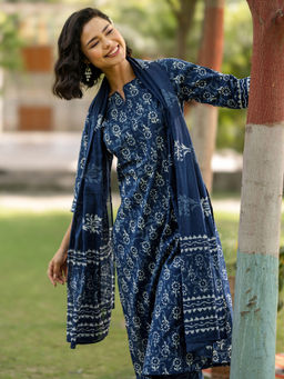 Libas - Indigo Floral Printed Kurta with Pant and Dupatta (Set of 3)