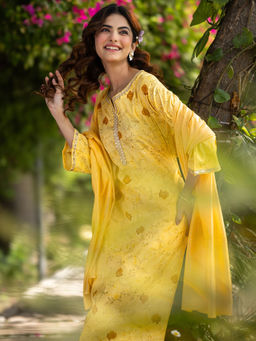 Libas - Yellow Floral Kurta with Salwar and Dupatta (Set of 2)