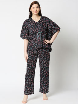 Pyjama Party - Neon Party Womens Cotton Kaftan Pyjama Set - Black