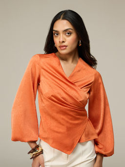 RSVP by Nykaa Fashion - Orange Satin Mock Wrap Asymmetric Hem Top
