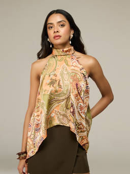RSVP by Nykaa Fashion - Multi-Color Satin Paisley Halter Neck Asymmetric Hem A Line Top