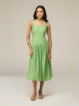 RSVP by Nykaa Fashion - Green Halter Neck Fit and Flare Tiered Midi Dress