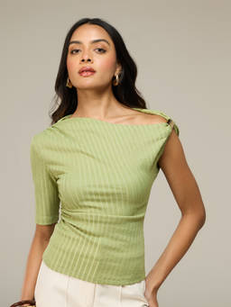 RSVP by Nykaa Fashion - Green Textured Asymmetric Neck One Sleeve Trim Detail Top