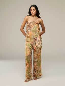 RSVP by Nykaa Fashion - Olive Satin Paisley Tube & Straight Co-Ord Set