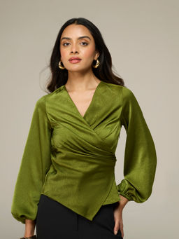 RSVP by Nykaa Fashion - Olive Satin Mock Wrap Asymmetric Hem Top