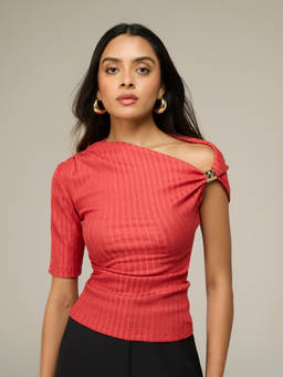 RSVP by Nykaa Fashion - Red Textured Trim Detail Asymmetric Neck One Sleeve Top