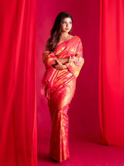 Beatitude - Orange Banarasi Saree with Unstitched Blouse