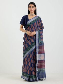 AUJJESSA - Cotton Linen Indigo Handcrafted Saree with Unstitched Blouse