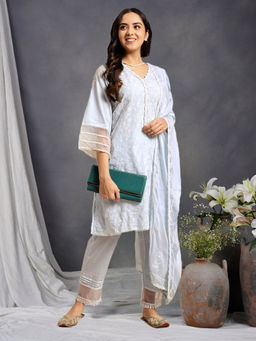 Zuri - Sky Blue Short Embroidered Cotton Kurta with Lace Pant and Embroidered Dupatta - Set of 3