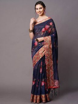 Odette - Navy Blue Festive Linen Blend Printed Saree with Unstitched Blouse