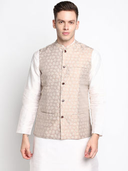 Devoiler - Men Beige Woven Design Nehru Jacket
