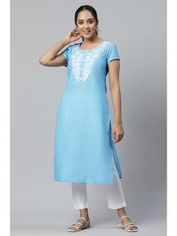 Aurelia - Blue Polka Dots & Embroidered Round Neck Ethnic Kurta