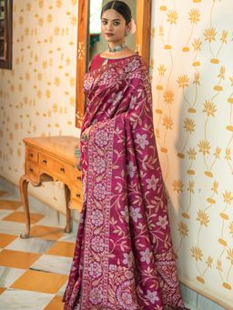 Odette - Wine Tussar Silk Heavy Jamdani Saree with Unstitched Blouse