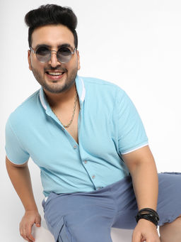 Instafab Plus - Mens Sage Blue Contrast Hem Shirt