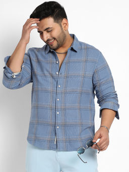 Instafab Plus - Mens Icy Blue Tartan Plaid Shirt