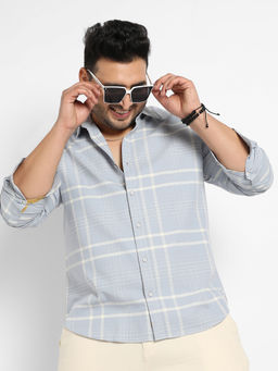Instafab Plus - Mens Light Grey Contrast Tartan Plaid Shirt
