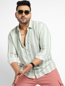 Instafab Plus - Mens Sage Green & White Contrast Club Striped Shirt