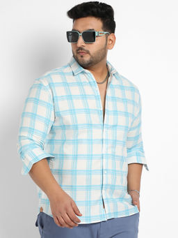 Instafab Plus - Mens White & Light Blue Tartan Plaid Shirt