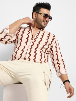 Instafab Plus - Mens Beige & Brown Contrast Paint Lines Shirt