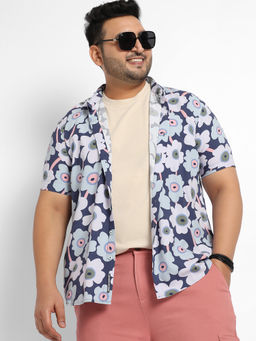 Instafab Plus - Mens Indigo Blue Maxi Floral Block Shirt