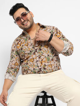 Instafab Plus - Mens Beige & Green Artistic Floral Cluster Shirt