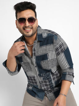 Instafab Plus - Mens Navy Blue Herringbone Block Shirt