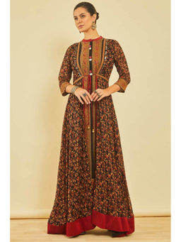 Soch - Womens Black Georgette Floral Print Layered Maxi Dress
