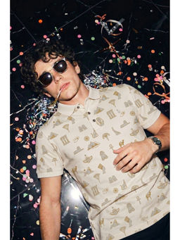 Simon Carter - Beige Printed Cotton Blend Slim Fit Polo T-Shirt