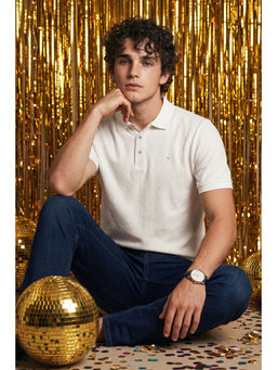 Simon Carter - White Self Design Cotton Blend Slim Fit Polo T-Shirt