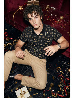 Simon Carter - Black Printed Cotton Slim Fit Polo T-Shirt