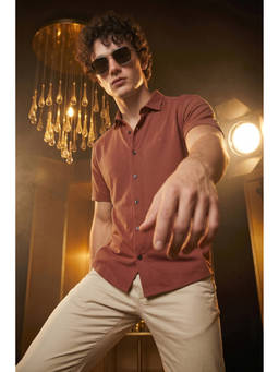 Simon Carter - Men Rust Viscose Blend Half Sleeves Shirt