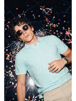 Simon Carter - Men Light Blue Textured Polo Neck T-shirt