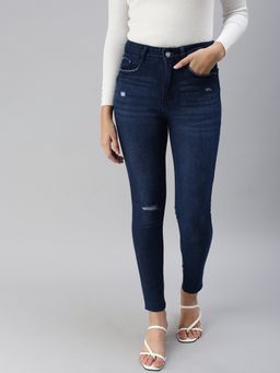 SHOWOFFFF - Women's Mildly Distressed Navy Blue Slim Fit Denim Jeans