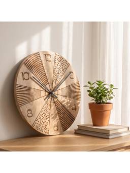 Spaces Unhooked - Round Solid Wood Wall Clock for Living Room, Art Deco Sunburst Dial, Silent Sweep