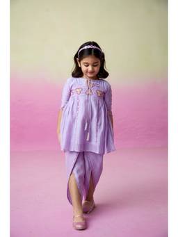 THE RIGHT CUT - Girls Digital Lavender Hand Embroidered Kurta and Tulip Pants