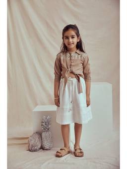 THE RIGHT CUT - Beige Linen Tie Up Top and Flared Skirt