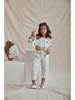 THE RIGHT CUT - White Linen Hand Embroidered Crop Top and Pant with Jacket