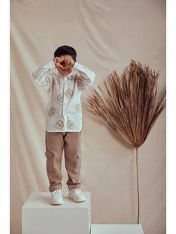 THE RIGHT CUT - Beige Linen Set with Hand Embroidered Shirt and Pants