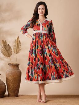 FASHOR - Women Ikat Printed Cotton Midi Dress - Red