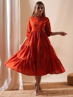 FASHOR - Women Printed Cotton Midi Dress - Rust