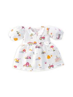 Honcho Baby - Puff Sleeve Muslin Cotton Dress With Bow White