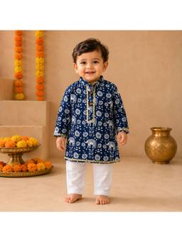 KNITROOT - Full Sleeves Floral And Animal Print Kurta With Pyjama - Royal Blue
