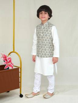 Little Clothings - Off White Heritage Print Nehru Jacket With Churidar